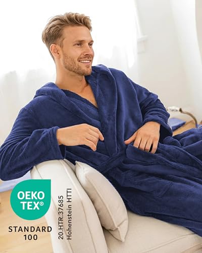 Twinzen Damen & Herren Kuschelfleece Morgenmantel mit Kapuze M - Dunkelblau - Weich, Warm & Bequem - Öko-Tex Standard 100 zertifiziert