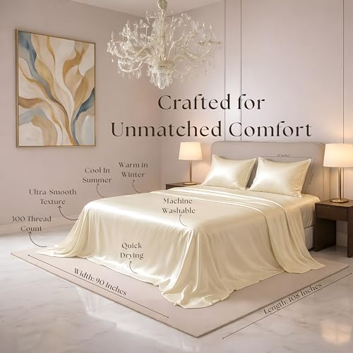 Image of Luxe Ere Satin Bedsheet King Size (90x108) | 300 TC Ultra Smooth Silky Soft Luxury Satin Bed Sheet with 2 Pillow Covers | Premium Satin Bedsheets for Double Bed - Classic Ivory