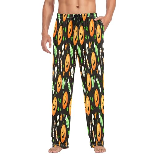 Qilmy Halloween Pumpkin Men's Cotton Pajama Pants, Lightweight Lounge Sleepwear with Drawstring and Pocket