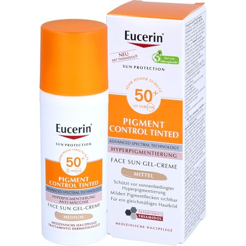 Eucerin Sun Pigment Control Tinted Medium SPF 50+ 50 ml, Crema solare viso 50+ colorata con filtri UVA/UVB, Protezione solare viso 50+ antimacchia per tutti i tipi di pelle