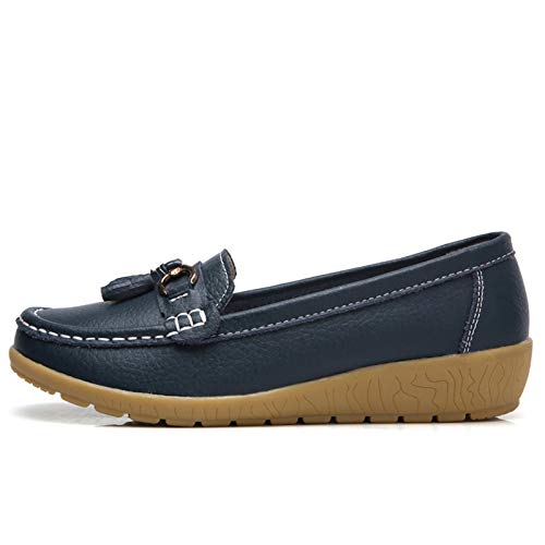 Image of Women Loafers Leather Rubber Sole Slip On Walking Flats Casual Moccasin Boat Shoes