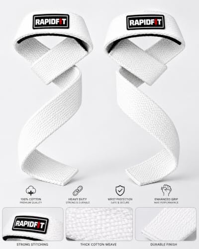 Image of Heavy Cotton Weight Lifting Straps 24 inch - Professional Non-Slip Lasso Wrist Support Straps with Padded 3.5mm Cuff | Gym Workout Straps for Deadlift, Powerlifting, CrossFit & Strength Training | Anti-Skid Grip Fitness Lifting Accessories (White)