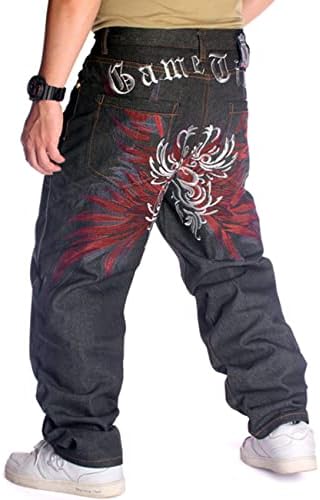 QBO Men's Hip-hop Embroidered Printed Baggy Denim Jeans Pants Trousers-44 Black