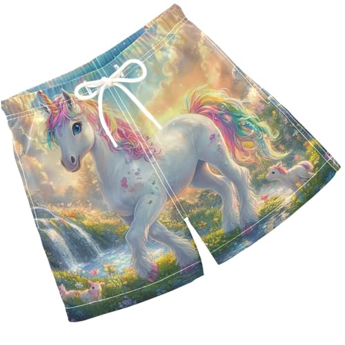 Pigsaly Boys Swim Trunks Unicorn Rainbow Colored Florals Boys Board Shorts Swimsuit Swimwear Summer Bathing Suit 3T