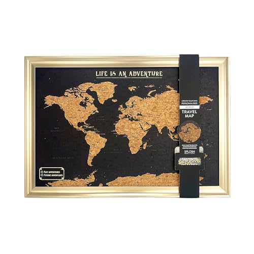 Splosh Framed World Travel Map with Pins Black Cork Pin Board with Gold Frame Wooden World Map Wall Art Push Pin Travel Tracker for Past & Future Adventures Travel Gift for Men & Women (55 x 37 cm)