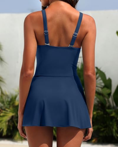 Image of Tempt Me Women One Piece Swim Dress Tummy Control Swimsuit with Skirt | V-neck flattering Cut, Wrap Tie Side, Removable Padded Cups, Adjustable Straps