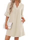 Famulily Shirt Dresses for Women UK Ruffle Short Sleeve V Neck Loose Casual Lightweight Summer Dress Beige M