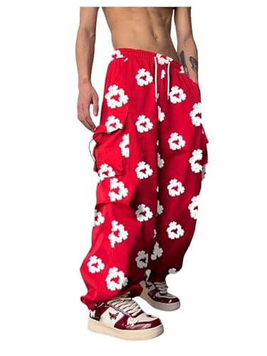 OYOANGLE Men's Flower Print Cargo Pants Drawstring Waist Flap Pocket Y2K Baggy Parachute Trousers