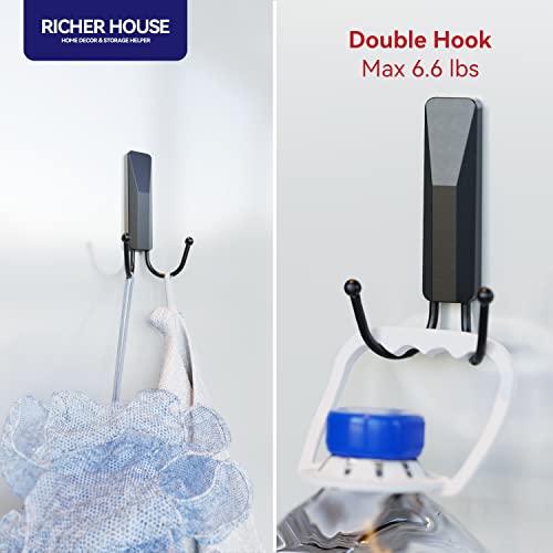 Richer House Black Double Wall Hooks For Hanging, 2 Pack Removable Adhesive Wall Hooks With 3 Strips, Organize Damage-Free Sticky Hooks, Plastic Utility Hooks Heavy Duty For Coat, Towel, Hat, Key #TOP5