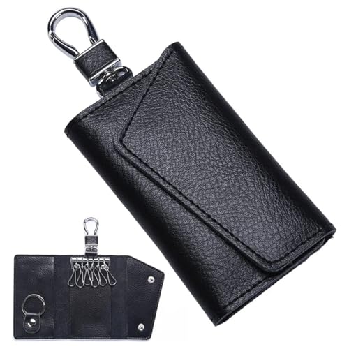 QIBZI Estuche de Llaves para Hombre - Portátil Con Llavero Cerrado, Bolsa y Cartera (Negro)