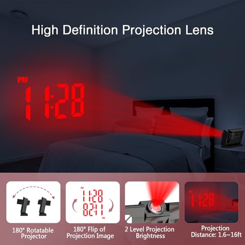 LOFICOPER Projection Alarm Clock, 7.8" Mirror Digital Clock with 180° Rotatable Projector, 4-Level Brightness, Snooze, 12/24H, USB Charging, Desk Clock for Home Bedroom Decor Office - Image 3