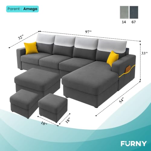 Image of Furny Tokiaa 8 Seater Fabric RHS L Shape Sofa Set with 1 Centre Table & 2 Puffy (Dark Grey) | Soft Velvet Fabric | Modern Design | Comfortable Seating | Living Room Furniture