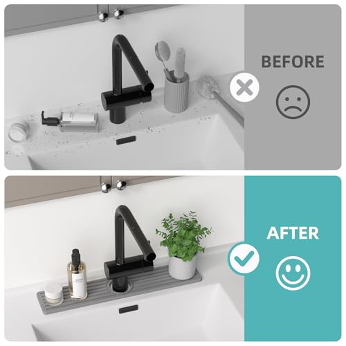 Diatomite Faucet Mat for Kitchen Sink with Raised Pads & Cleaning Brush, Super Absorbent Fast Drying Stone Sink Tray, Splash Guard Protector Mat for Bathroom Counter (Gray, 20" x 3.9") by Welebar - Image 5