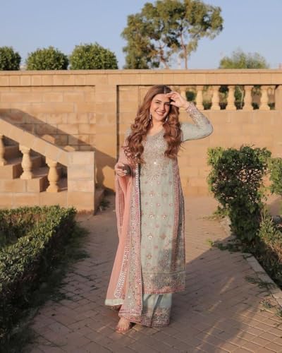 Image of WOONARI Royal Sage Green Pakistani Salwar Suit | Designer Embroidered Georgette Set with Pink Dupatta | Ideal for Wedding (XXL)
