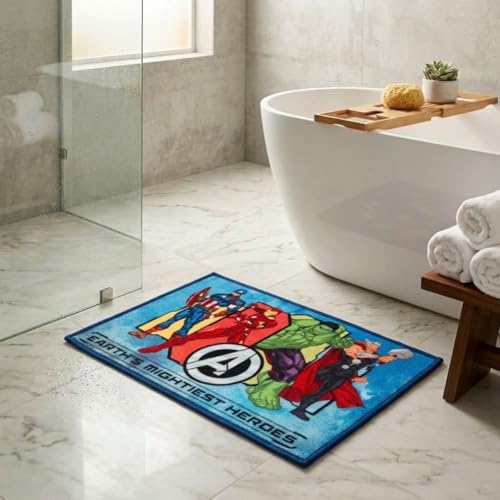 Image of Athom Living Marvel Avenger Character Printed Earth's Mightiest Heroes, Multi Colour Kids Nylon Bathmat, with Latex Backing, Anti-Skid Bathmat, 37 x 57 cm, Pack of 1