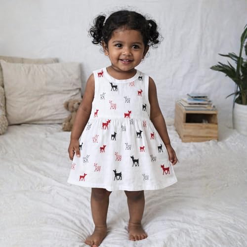 Image of The Boo Boo Club Girls Cotton Muslin Printed Dress | Short Sleeve Knee-Length Summer Girls Frock | Soft Breathable
