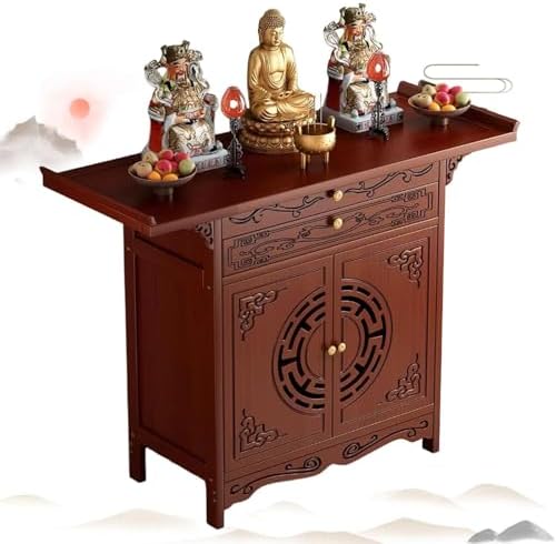 Bamboo Meditation Altar Table with Storage, Chinese Pooja Shrine & Buddha Shelf, Dark Brown Pedestal Offering Cabinet, Personal Shrine Stand (39.37"x25.98"x15.75")