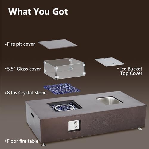 56" Propane Fire Pit Table with Ice Bucket,50000BTU Fire Table with 13" Square Drink Ice Bucket Wind Guard, Fire Glass Beads & CSA Safety Certified Outdoor Firepit for Patio Yard Garden(Bronze)