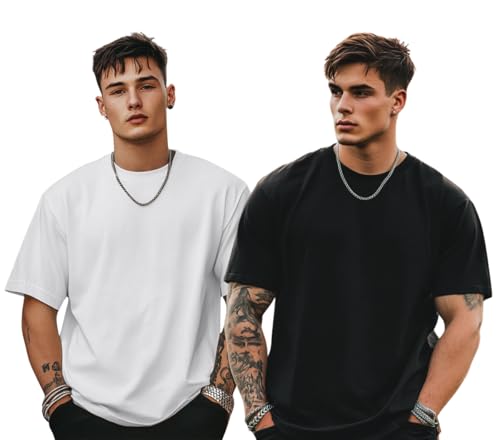 Image of Veirdo Solid Oversized 100% Pure Cotton Combo T-Shirt for Men & Boys (Half Sleeves, Round Neck, Drop Shoulder, Baggy Fit, Pack of 2, Available in S to 2XL