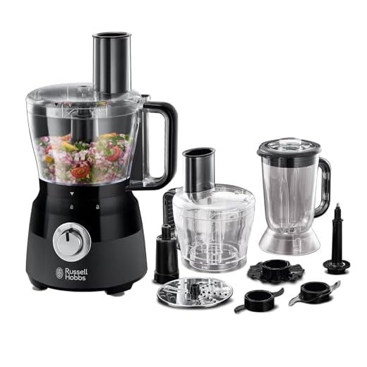 Russell Hobbs Procesador de Alimentos Matte Black - Cuchilla Acero Inoxidable, Disco Corte y Rallado, Amasador, Disco para Cremas, Jarra Batidora 1,5L, 2 Velocidades, Función Pulse, Negro