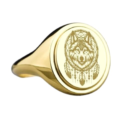 Bague loup argent 925 chevalière ovale plaqué or taille 5-12.5 US