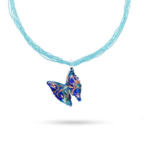 Collier en verre de Murano véritable et pendentif papillon argent