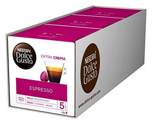 NESCAFÉ Dolce Gusto Espresso, 48 Kaffeekapseln, 100{ecbbdec67f9ff7ef6163e99ef5a3b3caec93cd3c8aaab69f398a84a12e14642c} edle Arabica Bohnen, Charaktervoller Espresso, Fruchtige Granatapfelnote, Samtige Crema, Aromaversiegelte Kapseln, 3er Pack (3x16 Kapseln)