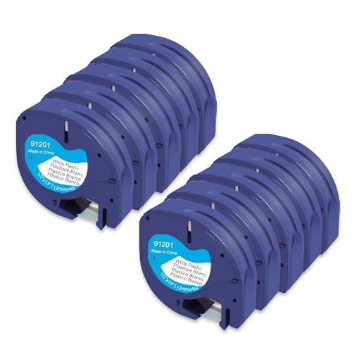 Molabel 10pack Compatible Letratag Label Tape Replacement for Dm Letratag 91221 S0721610 91201,12 mm x 4 m Black on White Plastic Letratag Tape for LT-100H...