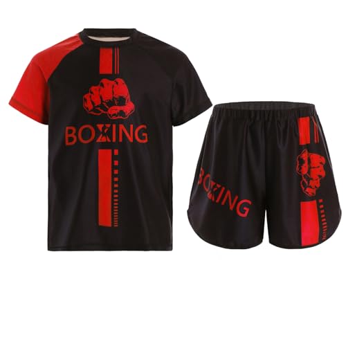 Oyolan Enfant Garçon Short de Boxe et T-Shirt Ensemble de Boxe Combat Muay Thai MMA Kick Boxing Tenue pour 5-16 Ans A Rouge 9-10 Ans