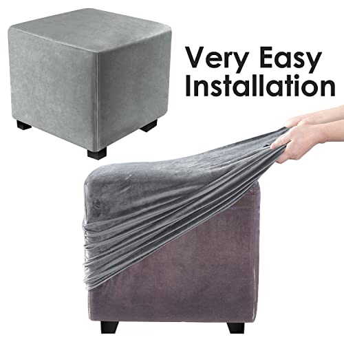 Dujuike Ottoman Covers Slipcover Square Ottoman Covers Protector For Footrest Foot Stool Furniture Stretch Comfortable Velvet With Elastic Bottom (Length & Width:13-18", Height:15-18", Light Grey) #TOP5