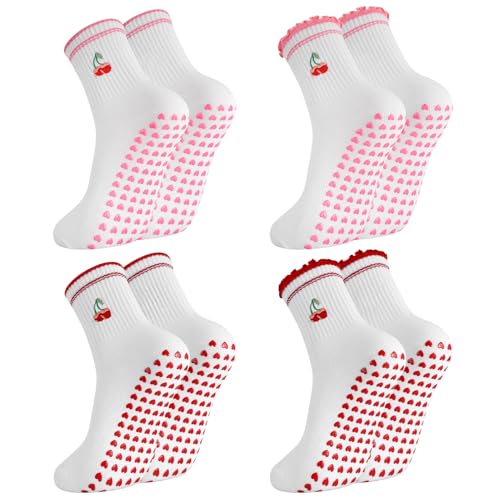 Image of Jspupifip 2 /4 /5 Pairs Cute Pilates Socks for Women Embroidery Non Slip Yoga Socks for Barre Workout Hospital