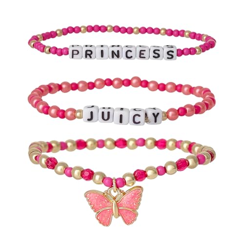 Juicy Couture Bracelets for Girls 8-12 Set of 3, Juicy Princess Pink Beaded Bracelets for Girls with Butterfly Charm
