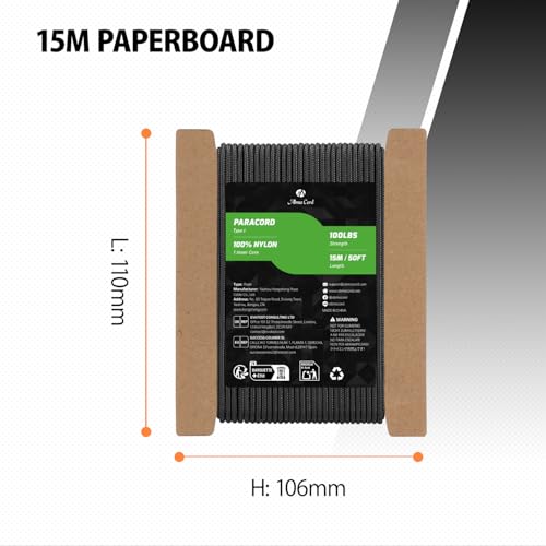 Abma Cord Paracord 2mm 15m 100% Nylon Seil Typ I Schnur mit 1 Kern Allzweckseil - Max. 45kg (100lbs) - Schwarz