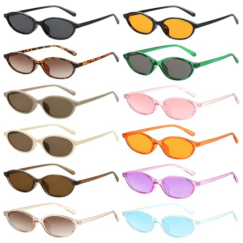 Geopty 12 Pack Retro Oval Cat Eye Sunglasses Bulk for Women Y2k Designer Trendy Narrow Shades 90s Small Sun Glasses Set