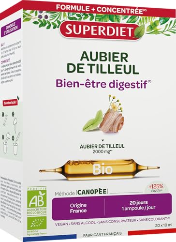 SUPERDIET - AUBIER DE TILLEUL BIO - Bien-être digestif - 100% Pur jus - Fabrication Française - 20 ampoules de 10ml