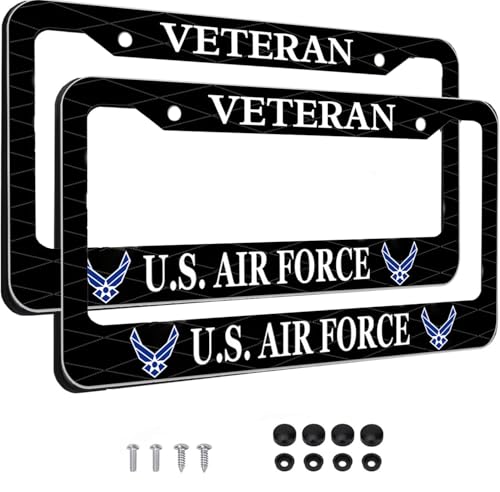 Image of 2PCS License Plate Frames for Veteran U.S.Air Force,Car License Plate Bracket Holder, Premium Aluminum Alloy Weather Proof License Plate Covers with Screw Caps Cover Set Car Accessories