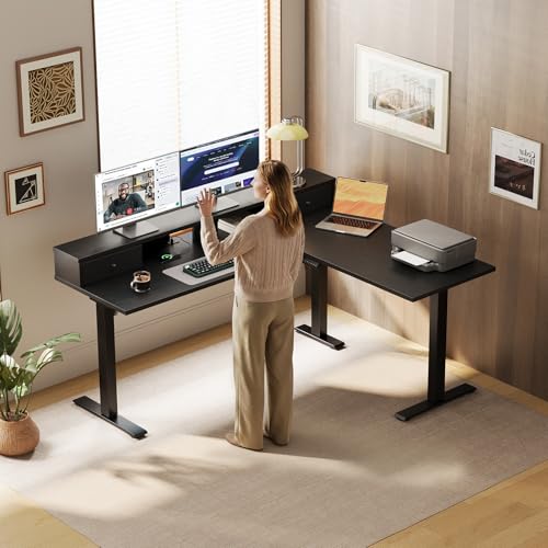 Image of Casaottima 59 Inch Electric L-Shaped Standing Desk with Drawers, Height Adjustable Stand Up Corner Desk with Monitor Stand, Lift Table for Home, Office, Workstation, Black