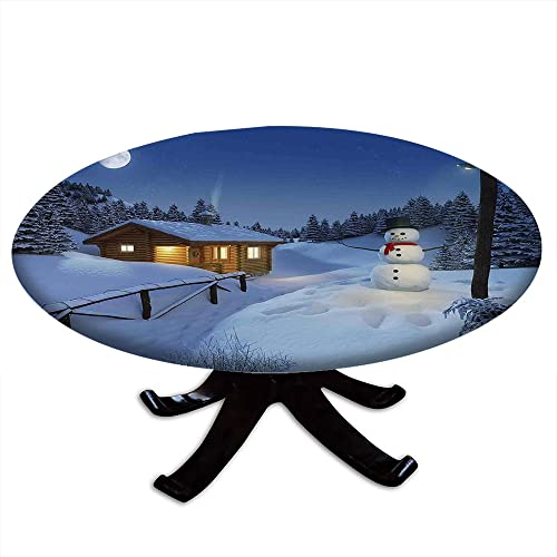 Christmas Round Tablecloth With Elastic Edge, Wooden Rustic Log Cottage Scenery In The Winter Season Warm Moonlight, For Dining Tables, Buffet Parties And Camping, Fit For 36" Table, White Blue #TOP13