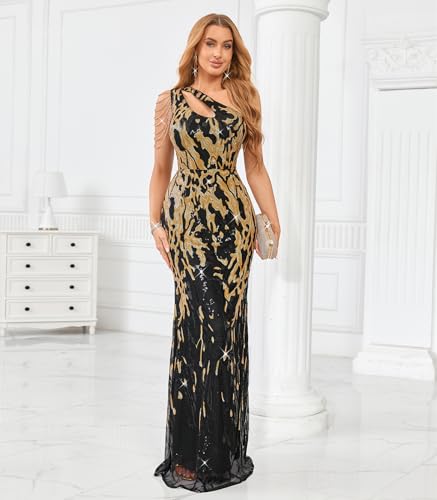 Image of Cololura Women Sequin Elegant Sexy One Shoulder Tassel Mermaid Bodycon Cocktail Evening Dress