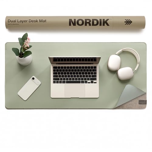 Nordik Felt and Leather Desk Mat - Willow Haze Sage - 35x17 Inch Felt and Vegan Leather Desk Blotter with Document Hideaway - Large Computer Mats for Desktop - Ideal Keyboard Mat for Office and Home