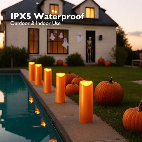 Image of Homemory 4 inchx12 inch Halloween Orange Flameless Candles, Fall Candles, Outdoor Waterproof Flameless Candles with Remote and Timers, Battery Operated LED Pillar Candles, Won't Melt Plastic, Set of 2