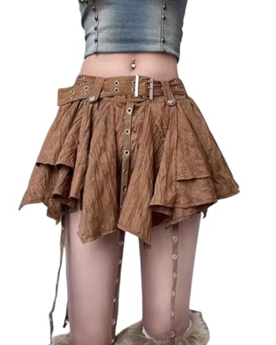 CORIRESHA Women's Retro Gothic Irregular Pleated Hem Ribbon High Waist Mini Skirt