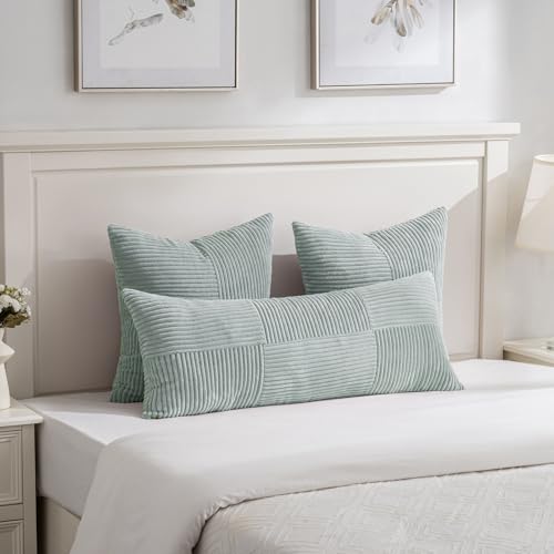 Image of Fancy Homi Set of 2 Grey Blue Boho Long Lumbar Body Decorative Throw Pillow Cover 14x36 Inch for Bed Couch Bedroom Bench, Soft Patchwork Corduroy Textured Pillow Case, Rustic Farmhouse Room Decor