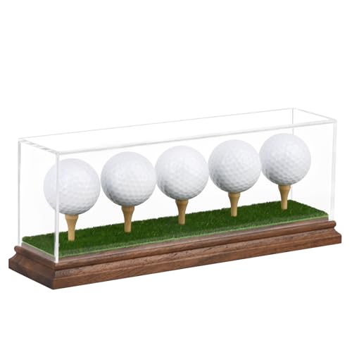 Image of Golf Ball Display Case for 5 Golf Balls Holder Display Walnut Wood Base Acrylic Hole in One Golf Ball Case Display Uv Protection Golfball Stand Rack,Golf Office Decor Gifts for Men