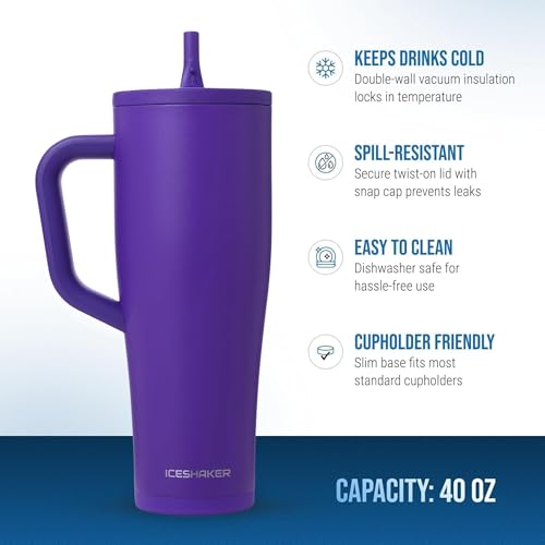 Image of Ice Shaker 40 oz Tumbler with Handle and Straw | 40oz Purple | Cold for 30+ Hours | 2-in-1 Tumbler Shaker Bottle | Odor-Free 40 ounce Bottle for Water, Protein Shakes, Smoothies, Cocktails
