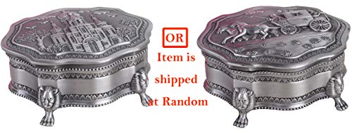 Limlook Decorative Antique Castle/Carriage Engraved Silver Trinket Box Velvet Lined, Ornate Metal Small Jewelry Treasure Box Hinged Lid Footed Standing Keepsake Box (Choose One at Random)