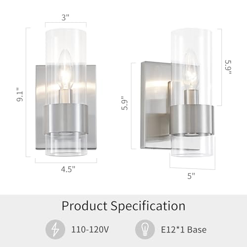 Image of WUZUPS Set of 2 1-Light Bathroom Wall Light Fixture Over Mirror Flat Class Shade Morden Vanity Scones for Bathroom Bedroom Living Room, E12 Base, Brushed Nickel