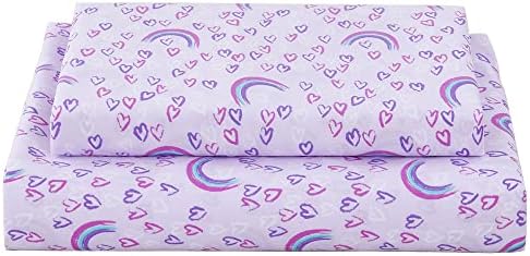 Softan Bed Sheet Set for Kids Girls, Twin Size Kids Sheets Microfiber Kids Fitted Sheet, Breathable & Silky Soft Feeling Kids Sheet Set 3 PCs Purple Love Heart Rainbow Kids Twin Bed Sheet