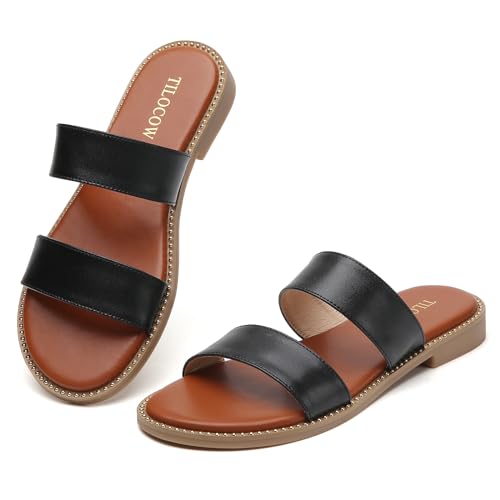 Image of Tilocow Women's Flat Sandals Two Strap Summer Dressy Studded Slide Sandals Open Toe Cute Casual Slip on Comfort Shoes for Beach Travel Daily Wear
