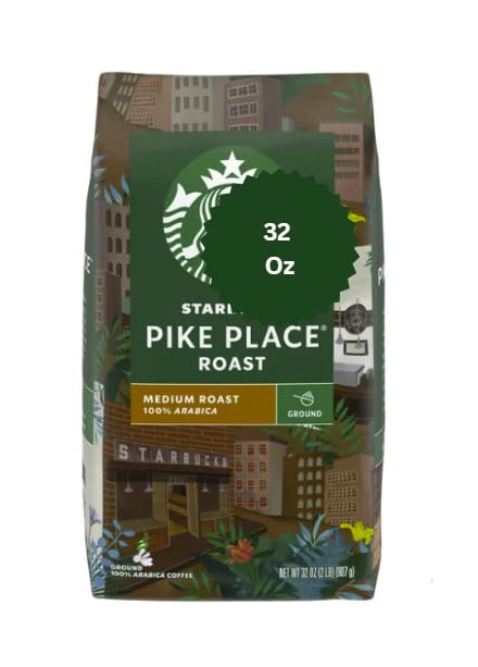 Starbuk’s Pike Place Medium Roast Ground Coffee, 32 Ounces, Pack of 1 Bundle with Coffee Scoop